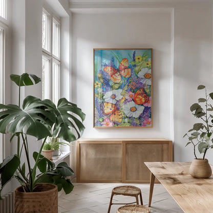 Butterfly Garden by Kathleen Parr McKenna. shown as a print in a natural wood frame in a dining room. Available as a archival giclee rolled canvas, fine art paper, or poster print. SKU 47971h.