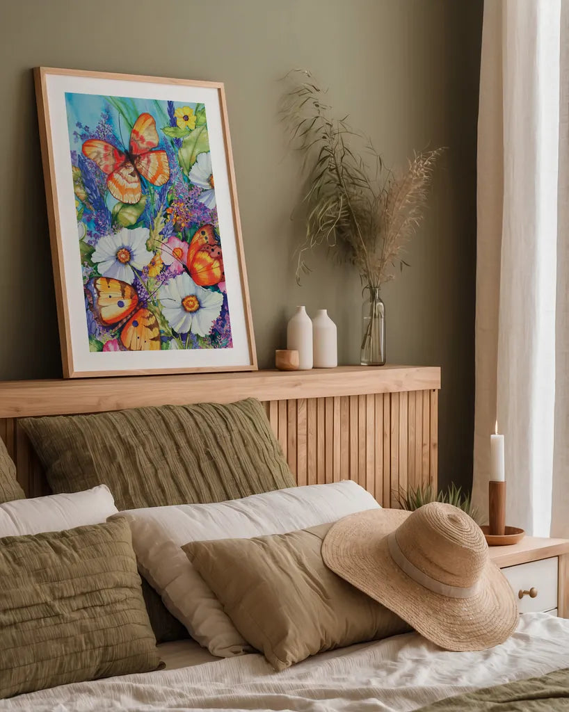 Butterfly Garden by Kathleen Parr McKenna. shown as a paper print in a natural frame. Available as a archival giclee rolled canvas, fine art paper, or poster print. SKU 47971h.