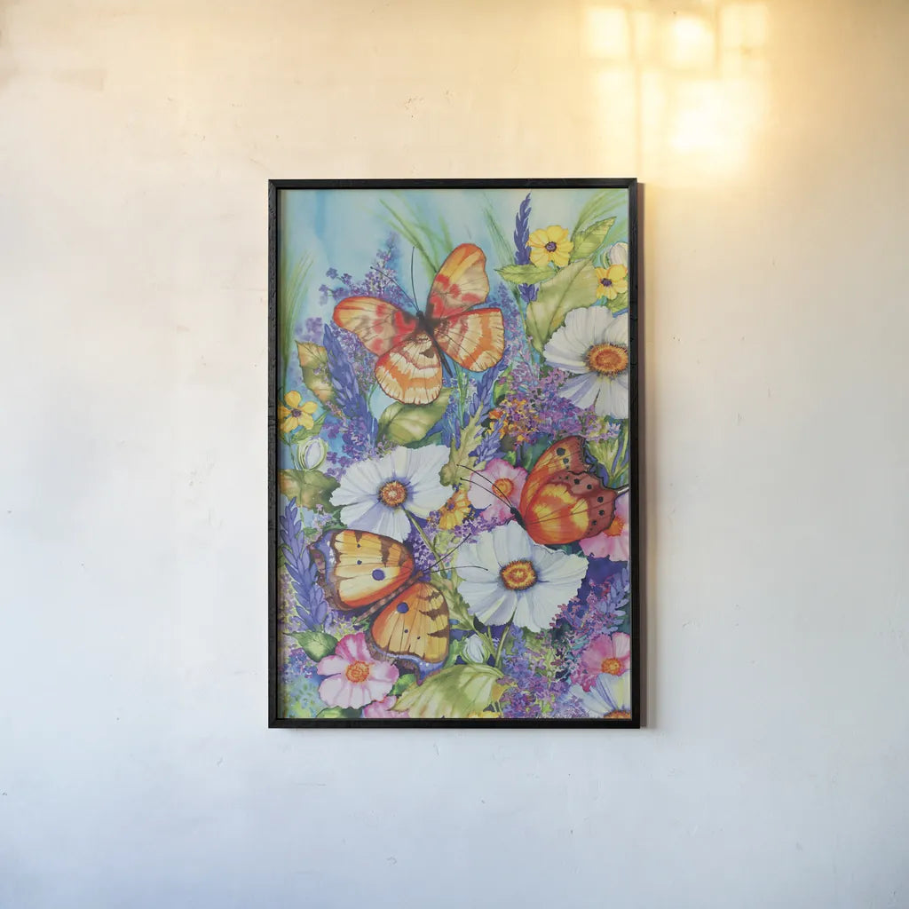 Butterfly Garden by Kathleen Parr McKenna. shown as a paper print in a black flame. Available as a archival giclee rolled canvas, fine art paper, or poster print. SKU 47971h.