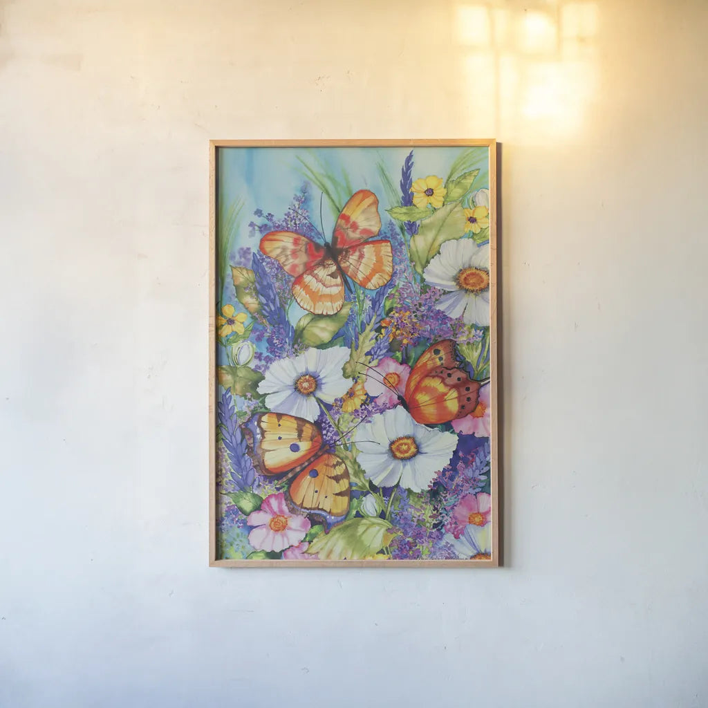 Butterfly Garden by Kathleen Parr McKenna. shown as a paper print in a natural frame. Available as a archival giclee rolled canvas, fine art paper, or poster print. SKU 47971h.