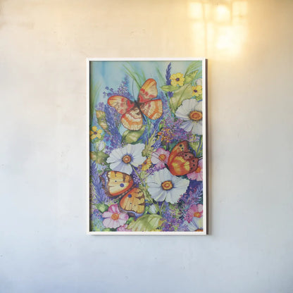 Butterfly Garden by Kathleen Parr McKenna. shown as a paper print in a white frame. Available as a archival giclee rolled canvas, fine art paper, or poster print. SKU 47971h.