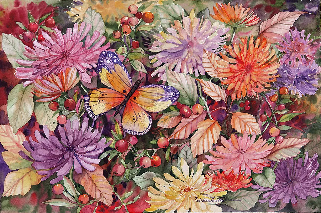 Butterfly and Dahlia by Kathleen Parr McKenna. SKU 41289i. Archival Giclee Fine art print for wall decor.