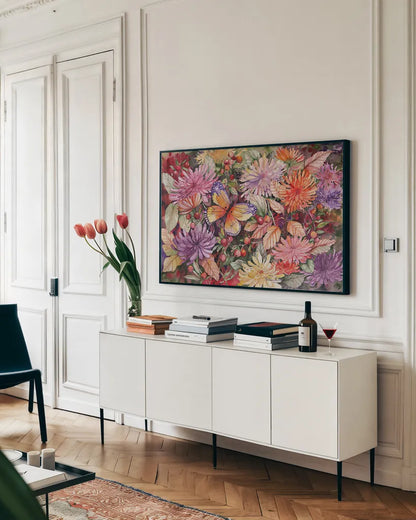 Butterfly and Dahlia by Kathleen Parr McKenna. shown as a framed stretched canvas in a living room above a console. Available as a archival giclee rolled canvas, fine art paper, or poster print. SKU 41289i.