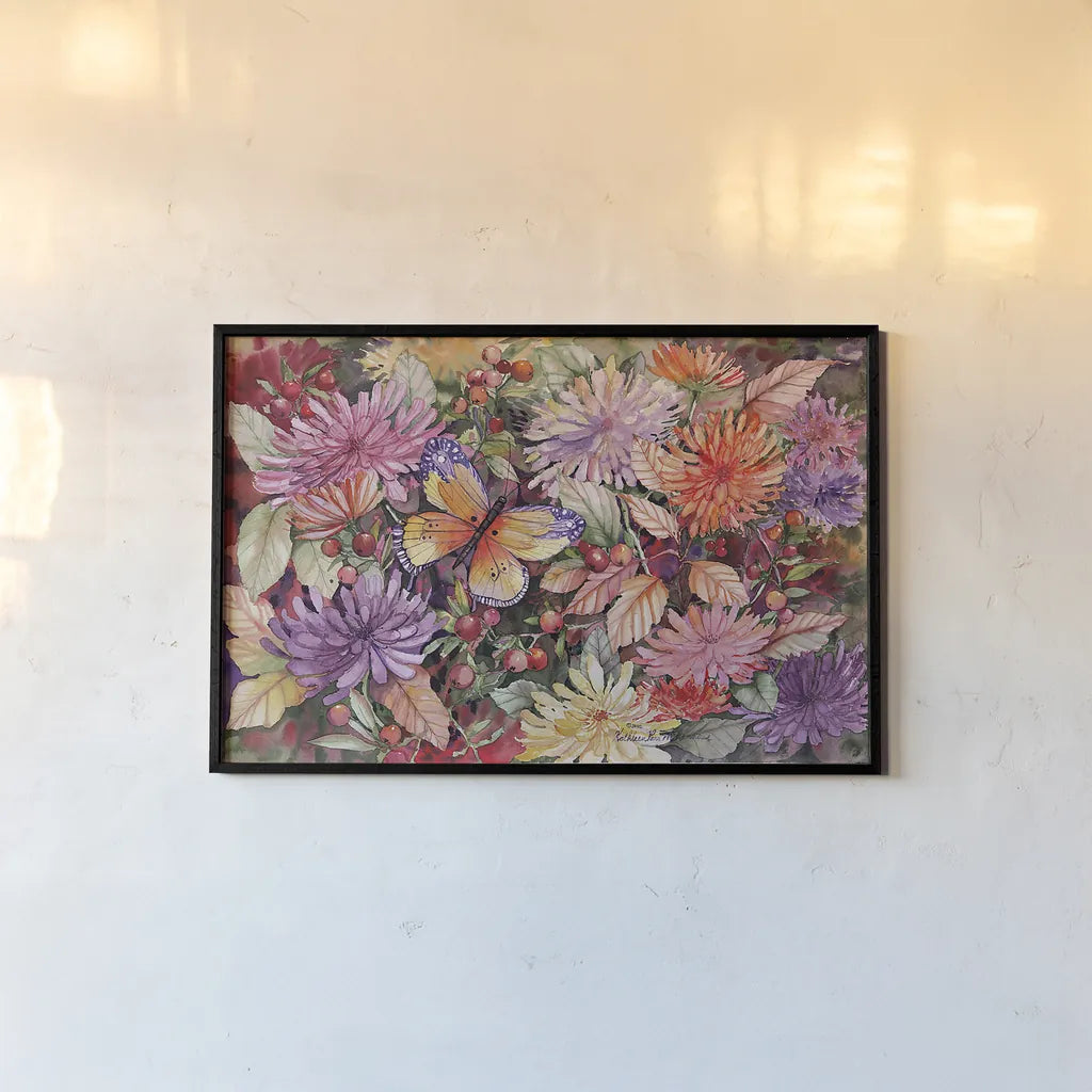 Butterfly and Dahlia by Kathleen Parr McKenna. shown as a paper print in a black flame. Available as a archival giclee rolled canvas, fine art paper, or poster print. SKU 41289i.