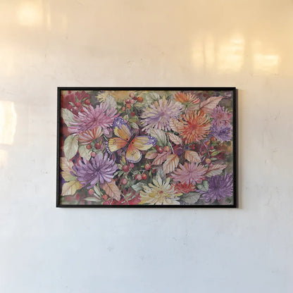 Butterfly and Dahlia by Kathleen Parr McKenna. shown as a paper print in a black flame. Available as a archival giclee rolled canvas, fine art paper, or poster print. SKU 41289i.