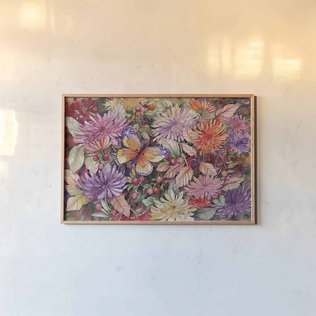 Butterfly and Dahlia by Kathleen Parr McKenna. shown as a paper print in a natural frame. Available as a archival giclee rolled canvas, fine art paper, or poster print. SKU 41289i.