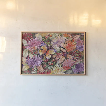 Butterfly and Dahlia by Kathleen Parr McKenna. shown as a paper print in a natural frame. Available as a archival giclee rolled canvas, fine art paper, or poster print. SKU 41289i.