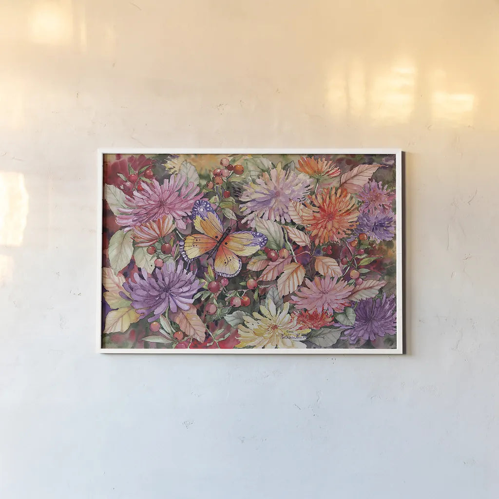 Butterfly and Dahlia by Kathleen Parr McKenna. shown as a paper print in a white frame. Available as a archival giclee rolled canvas, fine art paper, or poster print. SKU 41289i.