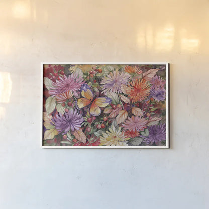 Butterfly and Dahlia by Kathleen Parr McKenna. shown as a paper print in a white frame. Available as a archival giclee rolled canvas, fine art paper, or poster print. SKU 41289i.