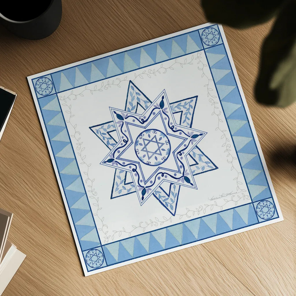 Celebrating Hanukkah I by Kathleen Parr McKenna. Shown as a detailed flat fine art print, highlighting archival giclee quality. Available as an archival giclee rolled canvas, fine art paper, or poster print. SKU 36820a.