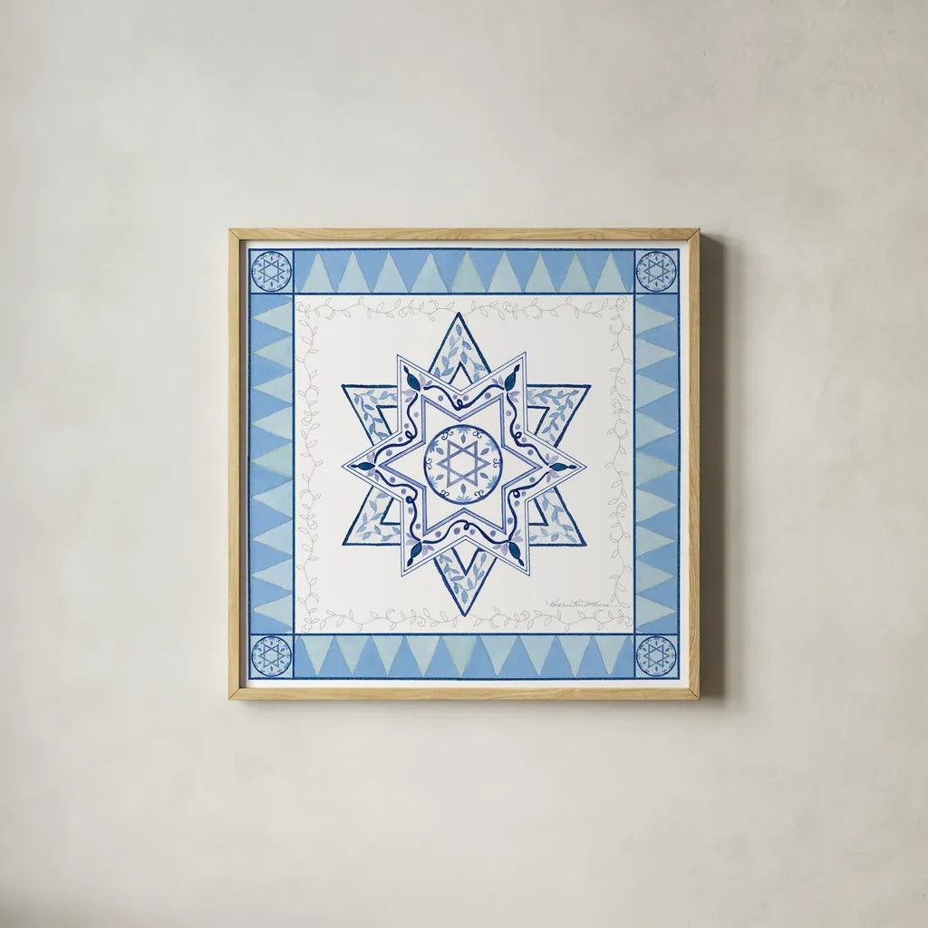 Celebrating Hanukkah I by Kathleen Parr McKenna. Shown in a natural wood glass frame for a timeless modern aesthetic. Available as an archival giclee rolled canvas, fine art paper, or poster print. SKU 36820a.