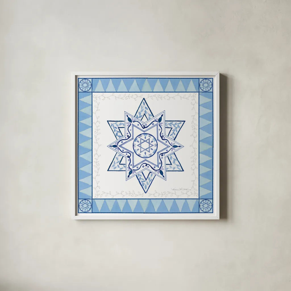 Celebrating Hanukkah I by Kathleen Parr McKenna. Shown in a crisp white glass frame for a clean and minimalist style. Available as an archival giclee rolled canvas, fine art paper, or poster print. SKU 36820a.