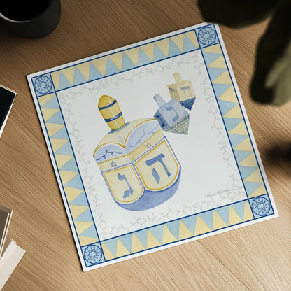 Celebrating Hanukkah II by Kathleen Parr McKenna. Shown as a detailed flat fine art print, highlighting archival giclee quality. Available as an archival giclee rolled canvas, fine art paper, or poster print. SKU 36821a.