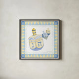 Celebrating Hanukkah II by Kathleen Parr McKenna. Shown in a sleek black glass frame for a contemporary gallery look. Available as an archival giclee rolled canvas, fine art paper, or poster print. SKU 36821a.