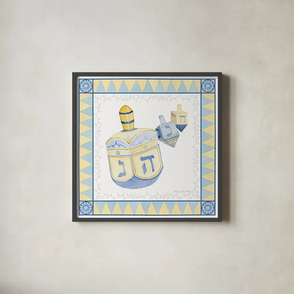 Celebrating Hanukkah II by Kathleen Parr McKenna. Shown in a sleek black glass frame for a contemporary gallery look. Available as an archival giclee rolled canvas, fine art paper, or poster print. SKU 36821a.