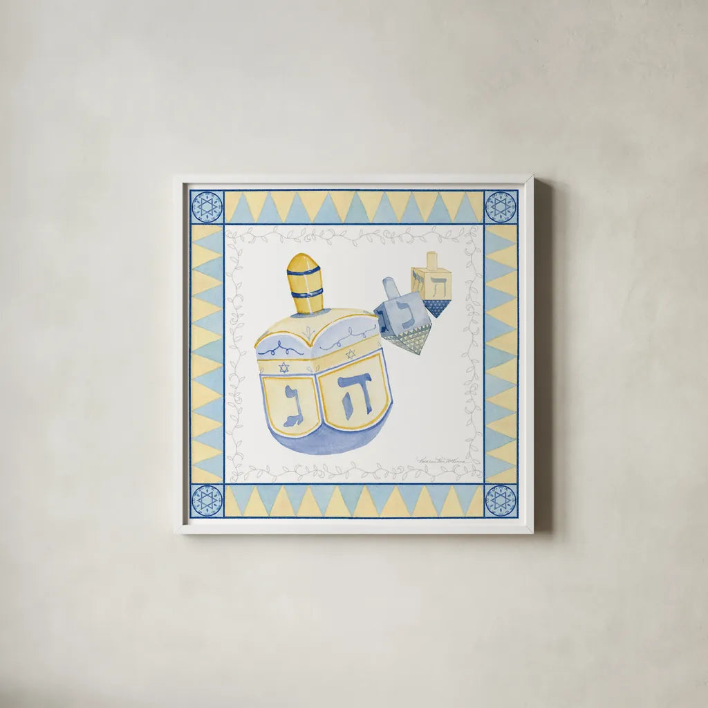 Celebrating Hanukkah II by Kathleen Parr McKenna. Shown in a crisp white glass frame for a clean and minimalist style. Available as an archival giclee rolled canvas, fine art paper, or poster print. SKU 36821a.