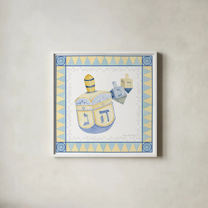 Celebrating Hanukkah II by Kathleen Parr McKenna. Shown in a crisp white glass frame for a clean and minimalist style. Available as an archival giclee rolled canvas, fine art paper, or poster print. SKU 36821a.