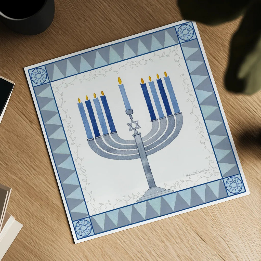 Celebrating Hanukkah III by Kathleen Parr McKenna. Shown as a detailed flat fine art print, highlighting archival giclee quality. Available as an archival giclee rolled canvas, fine art paper, or poster print. SKU 36822a.