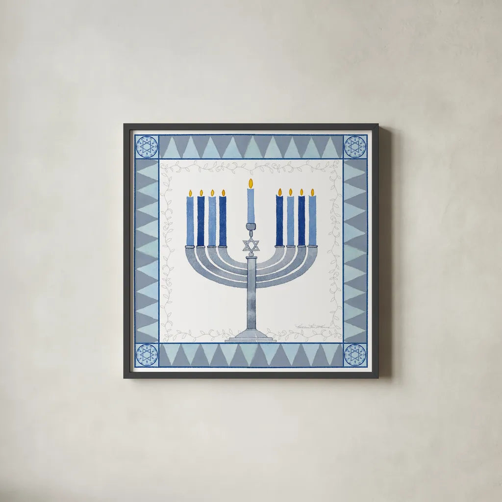 Celebrating Hanukkah III by Kathleen Parr McKenna. Shown in a sleek black glass frame for a contemporary gallery look. Available as an archival giclee rolled canvas, fine art paper, or poster print. SKU 36822a.