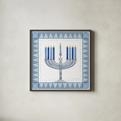 Celebrating Hanukkah III by Kathleen Parr McKenna. Shown in a sleek black glass frame for a contemporary gallery look. Available as an archival giclee rolled canvas, fine art paper, or poster print. SKU 36822a.
