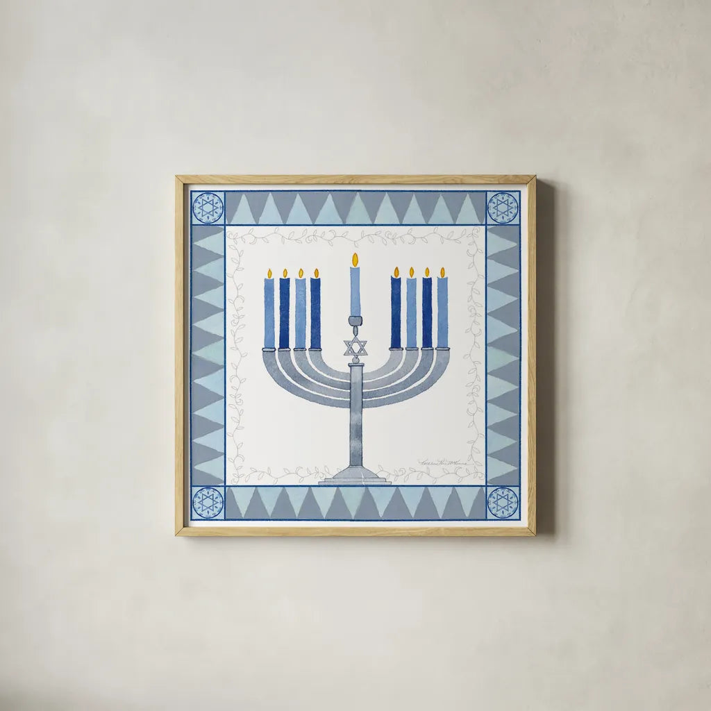 Celebrating Hanukkah III by Kathleen Parr McKenna. Shown in a natural wood glass frame for a timeless modern aesthetic. Available as an archival giclee rolled canvas, fine art paper, or poster print. SKU 36822a.