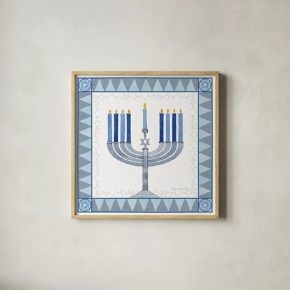 Celebrating Hanukkah III by Kathleen Parr McKenna. Shown in a natural wood glass frame for a timeless modern aesthetic. Available as an archival giclee rolled canvas, fine art paper, or poster print. SKU 36822a.