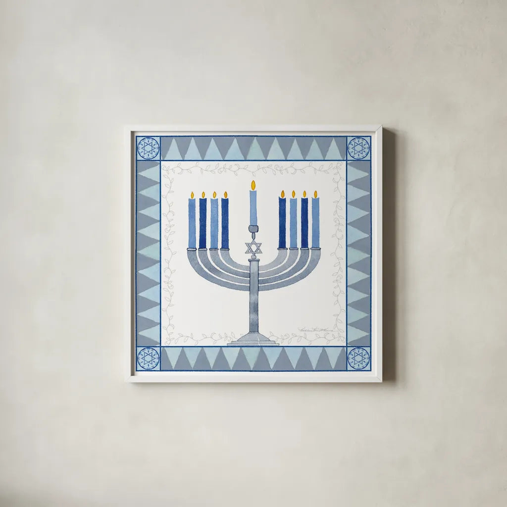 Celebrating Hanukkah III by Kathleen Parr McKenna. Shown in a crisp white glass frame for a clean and minimalist style. Available as an archival giclee rolled canvas, fine art paper, or poster print. SKU 36822a.