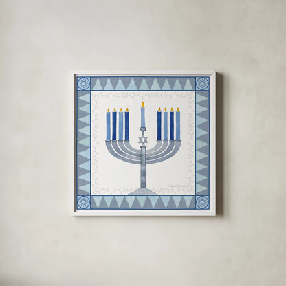 Celebrating Hanukkah III by Kathleen Parr McKenna. Shown in a crisp white glass frame for a clean and minimalist style. Available as an archival giclee rolled canvas, fine art paper, or poster print. SKU 36822a.