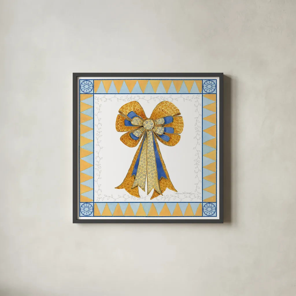 Celebrating Hanukkah IV by Kathleen Parr McKenna. Shown in a sleek black glass frame for a contemporary gallery look. Available as an archival giclee rolled canvas, fine art paper, or poster print. SKU 36823a.