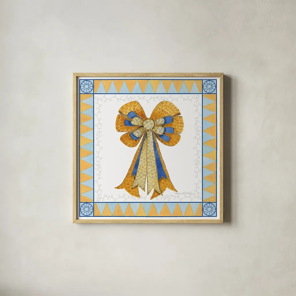 Celebrating Hanukkah IV by Kathleen Parr McKenna. Shown in a natural wood glass frame for a timeless modern aesthetic. Available as an archival giclee rolled canvas, fine art paper, or poster print. SKU 36823a.