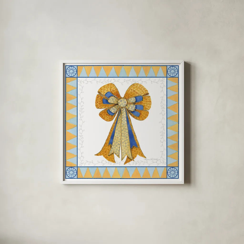 Celebrating Hanukkah IV by Kathleen Parr McKenna. Shown in a crisp white glass frame for a clean and minimalist style. Available as an archival giclee rolled canvas, fine art paper, or poster print. SKU 36823a.