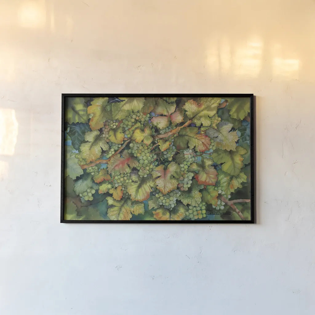 Chardonnay Grapes by Kathleen Parr McKenna. shown as a paper print in a black flame. Available as a archival giclee rolled canvas, fine art paper, or poster print. SKU 29606i.