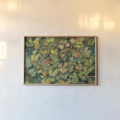 Chardonnay Grapes by Kathleen Parr McKenna. shown as a paper print in a natural frame. Available as a archival giclee rolled canvas, fine art paper, or poster print. SKU 29606i.