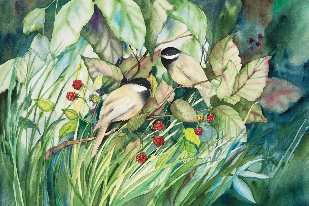 Chickadees by Kathleen Parr McKenna. SKU 29600i. Archival Giclee Fine art print for wall decor.