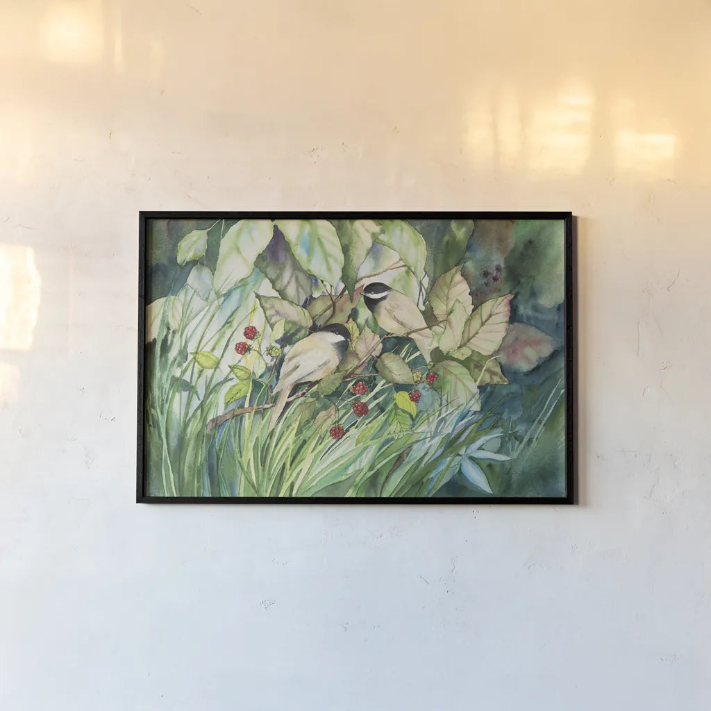 Chickadees by Kathleen Parr McKenna. shown as a paper print in a black flame. Available as a archival giclee rolled canvas, fine art paper, or poster print. SKU 29600i.