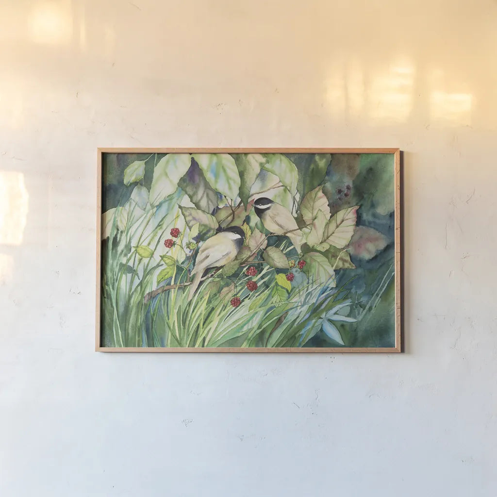 Chickadees by Kathleen Parr McKenna. shown as a paper print in a natural frame. Available as a archival giclee rolled canvas, fine art paper, or poster print. SKU 29600i.