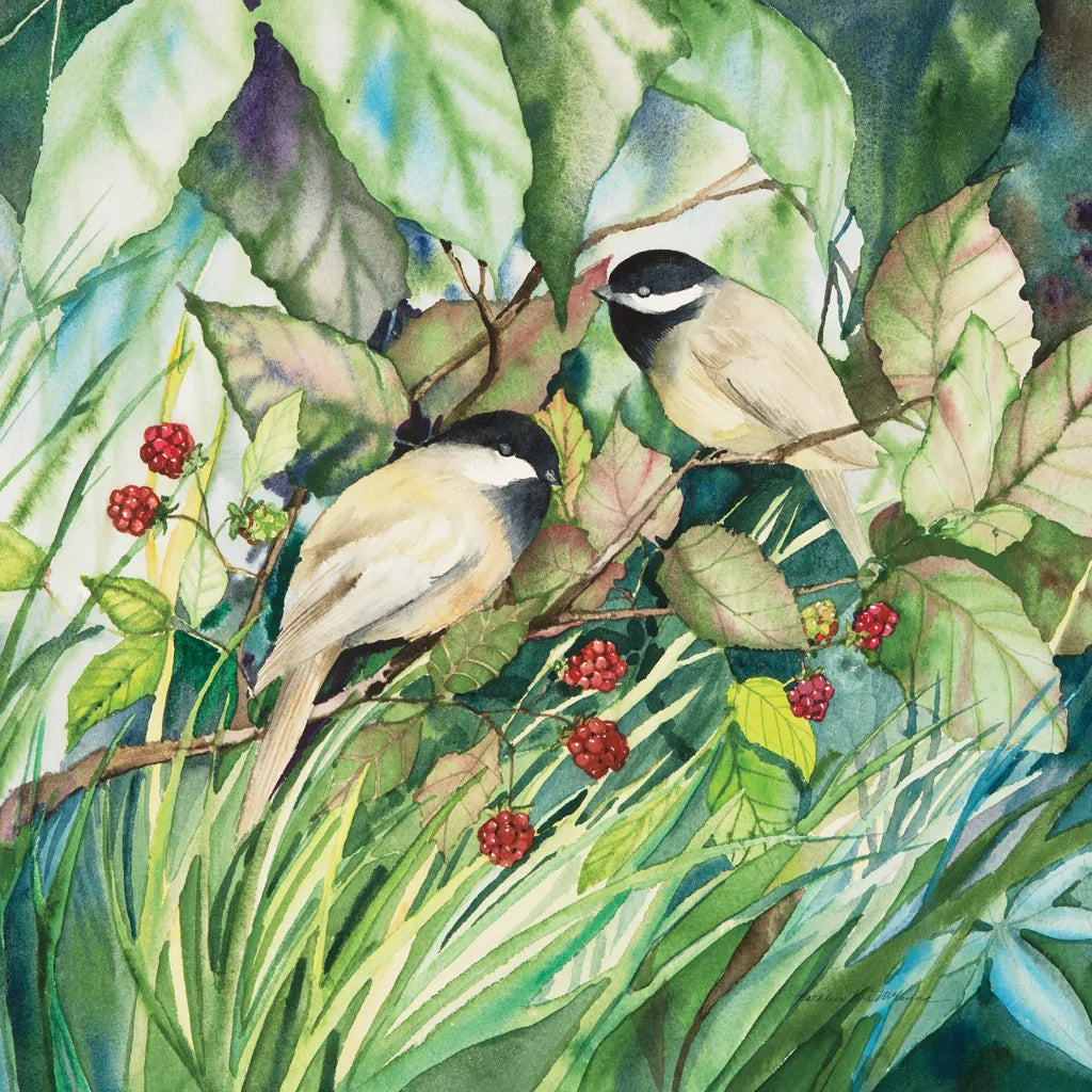 Chickadees Sq by Kathleen Parr McKenna. SKU 29600a. Archival Giclee Fine art print for wall decor.