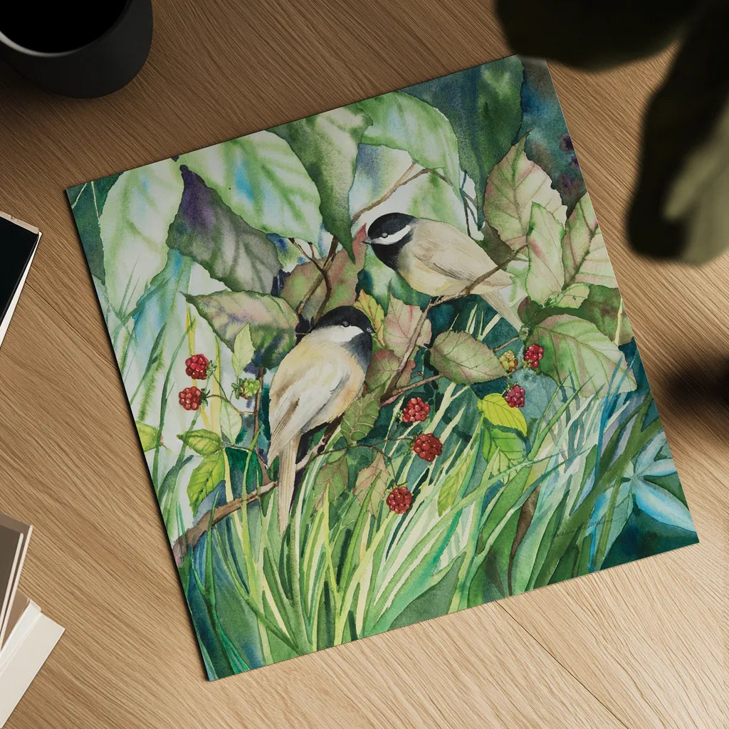 Chickadees Sq by Kathleen Parr McKenna. Shown as a detailed flat fine art print, highlighting archival giclee quality. Available as an archival giclee rolled canvas, fine art paper, or poster print. SKU 29600a.