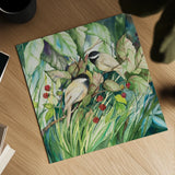 Chickadees Sq by Kathleen Parr McKenna. Shown as a detailed flat fine art print, highlighting archival giclee quality. Available as an archival giclee rolled canvas, fine art paper, or poster print. SKU 29600a.