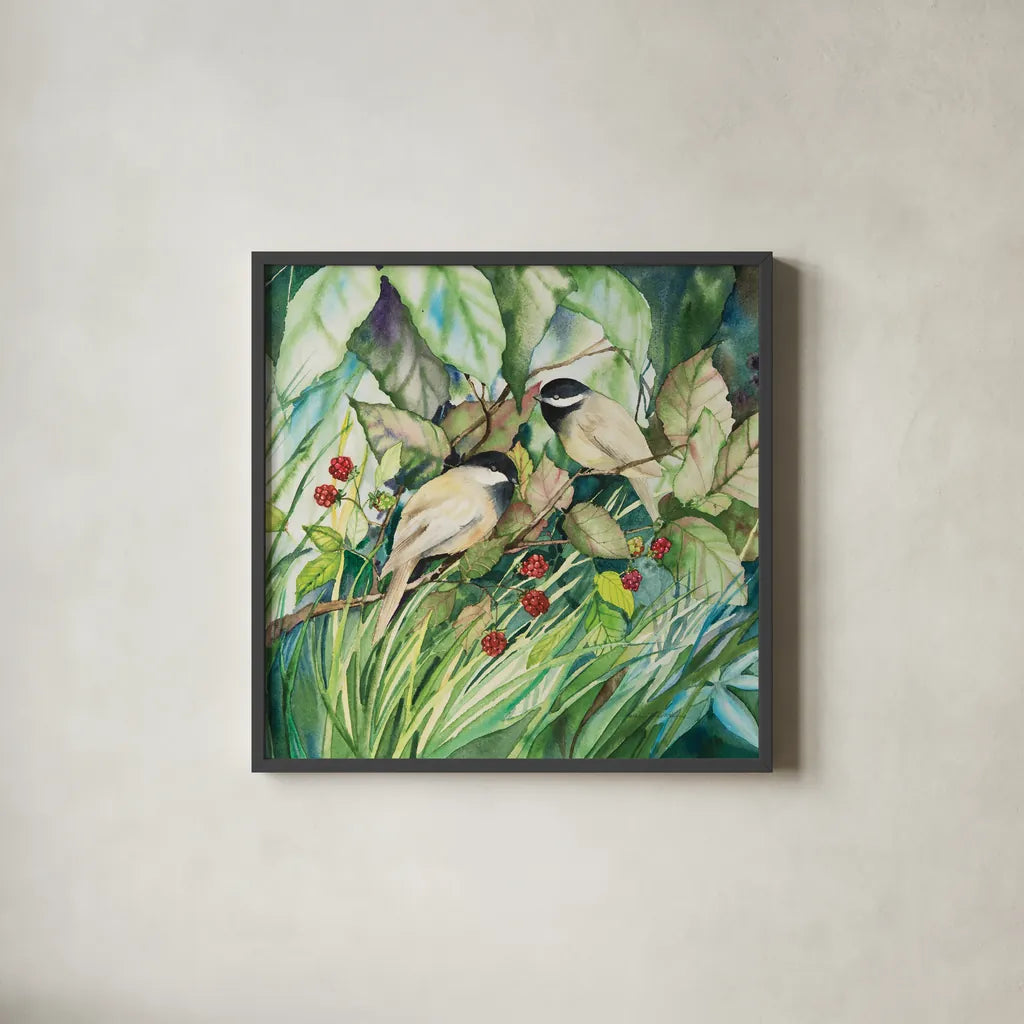 Chickadees Sq by Kathleen Parr McKenna. Shown in a sleek black glass frame for a contemporary gallery look. Available as an archival giclee rolled canvas, fine art paper, or poster print. SKU 29600a.