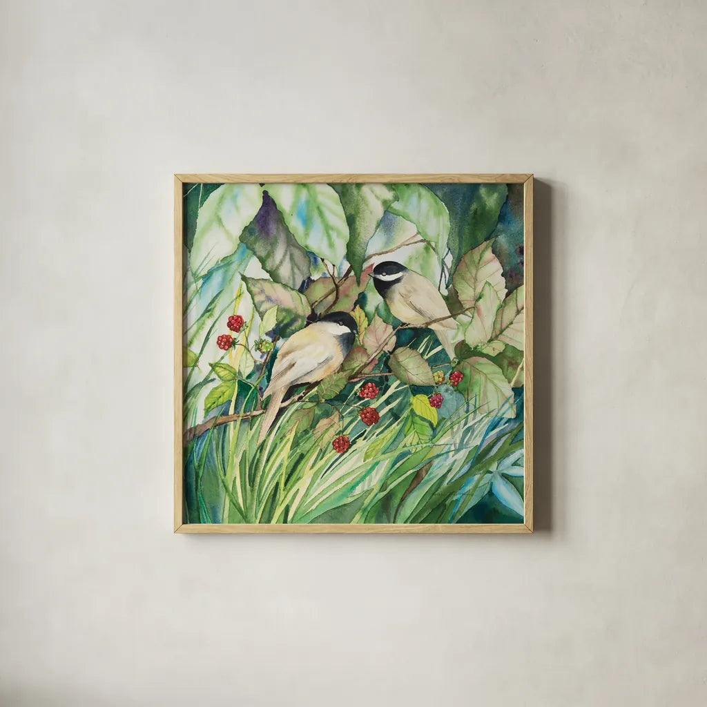 Chickadees Sq by Kathleen Parr McKenna. Shown in a natural wood glass frame for a timeless modern aesthetic. Available as an archival giclee rolled canvas, fine art paper, or poster print. SKU 29600a.