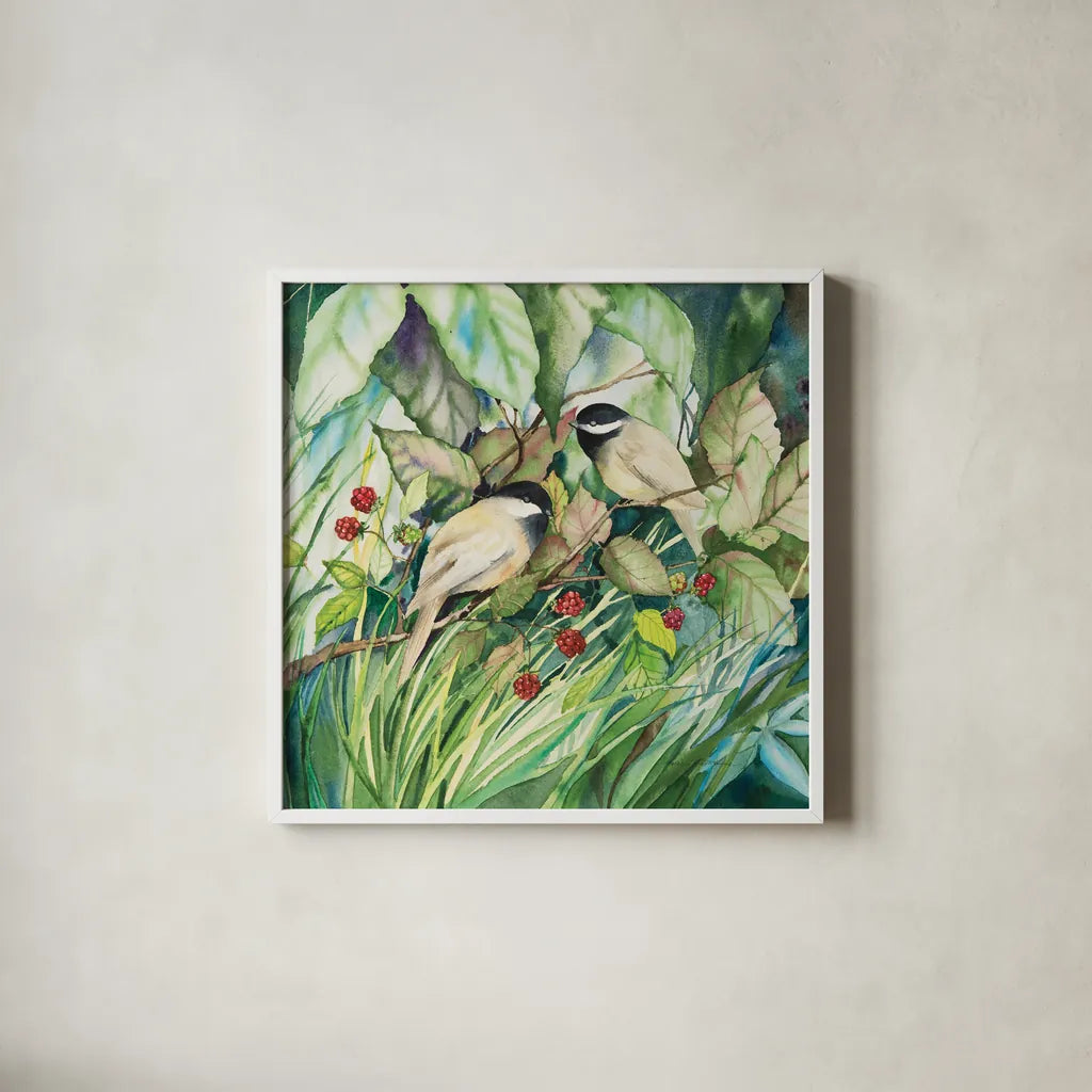 Chickadees Sq by Kathleen Parr McKenna. Shown in a crisp white glass frame for a clean and minimalist style. Available as an archival giclee rolled canvas, fine art paper, or poster print. SKU 29600a.