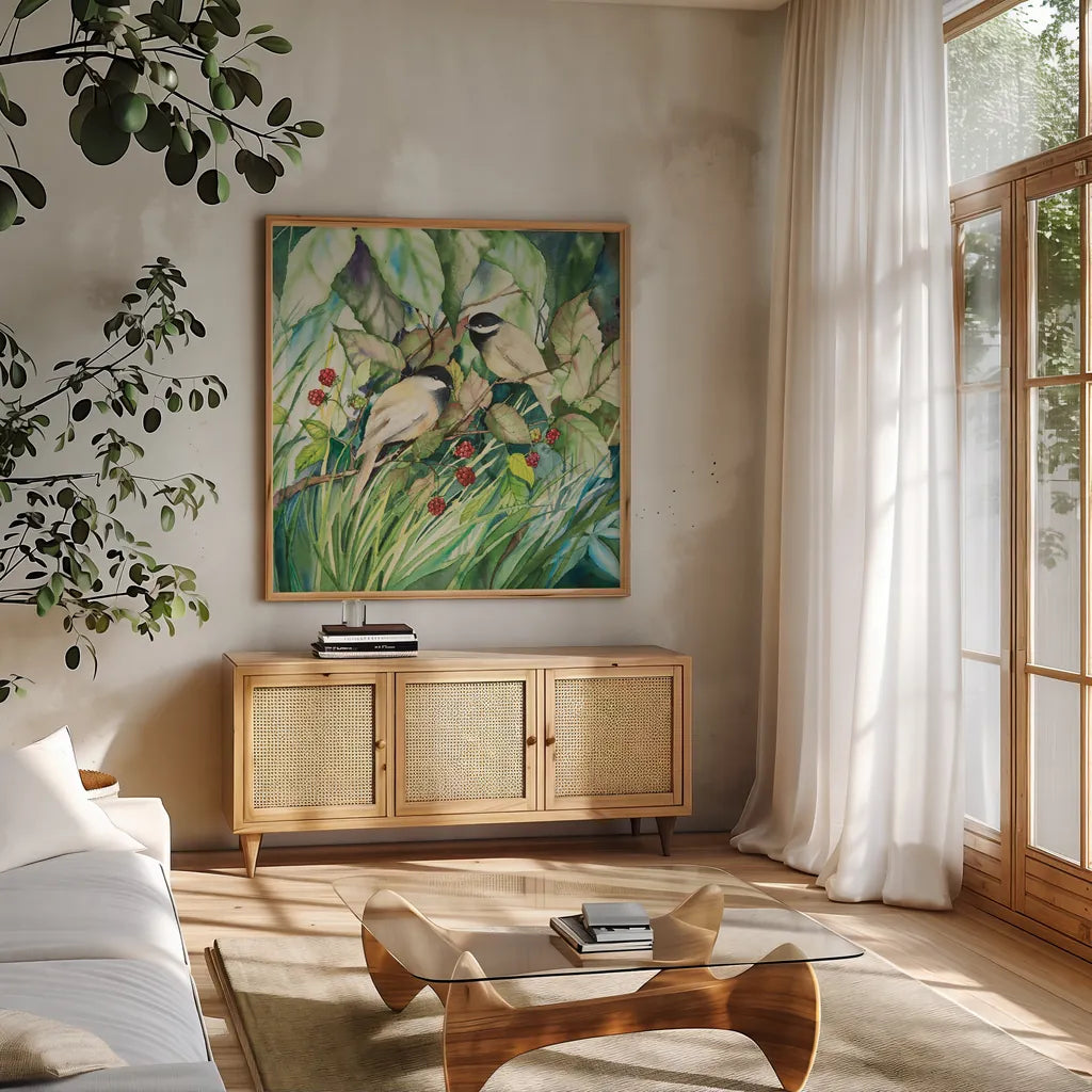 Chickadees Sq by Kathleen Parr McKenna. Shown in a natural wood frame in a cozy modern living room. Available as an archival giclee rolled canvas, fine art paper, or poster print. SKU 29600a.