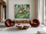 Chickadees Sq by Kathleen Parr McKenna. Shown as extra-large giant wall art in a modern living room. Available as an archival giclee rolled canvas, fine art paper, or poster print. SKU 29600a.