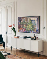 Christmas by Kathleen Parr McKenna. shown as a framed stretched canvas in a living room above a console. Available as a archival giclee rolled canvas, fine art paper, or poster print. SKU 41397i.