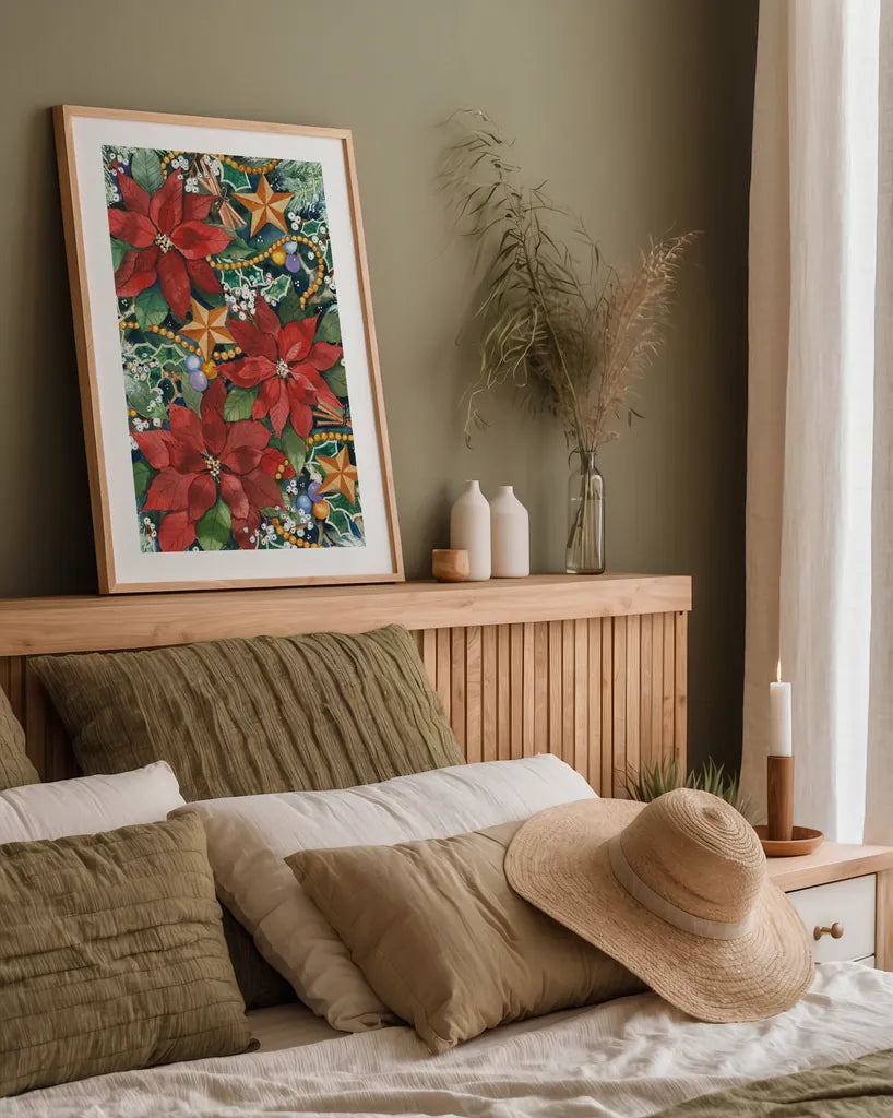 Christmas Charms by Kathleen Parr McKenna. shown as a paper print in a natural frame. Available as a archival giclee rolled canvas, fine art paper, or poster print. SKU 40559h.