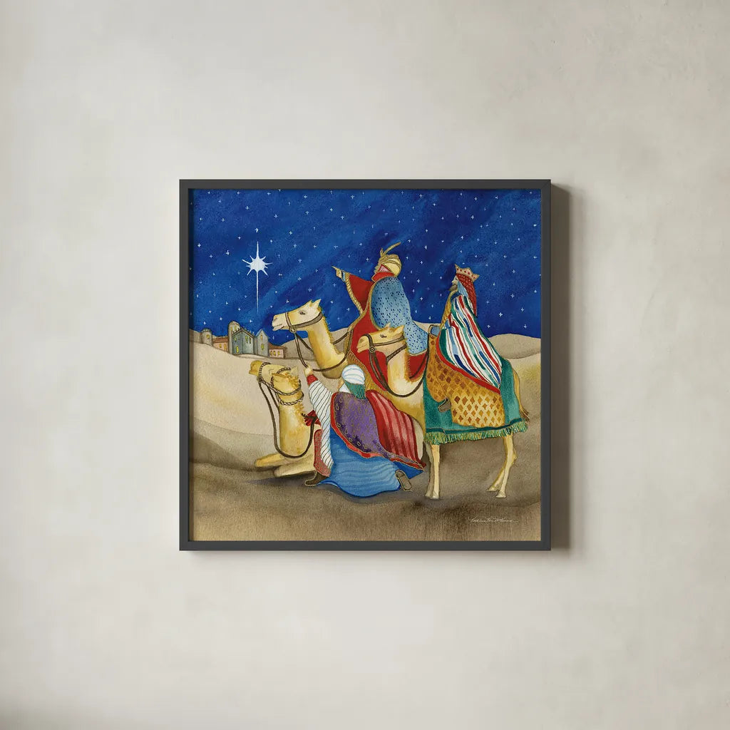 Christmas in Bethlehem II Square by Kathleen Parr McKenna. Shown in a sleek black glass frame for a contemporary gallery look. Available as an archival giclee rolled canvas, fine art paper, or poster print. SKU 28056a.