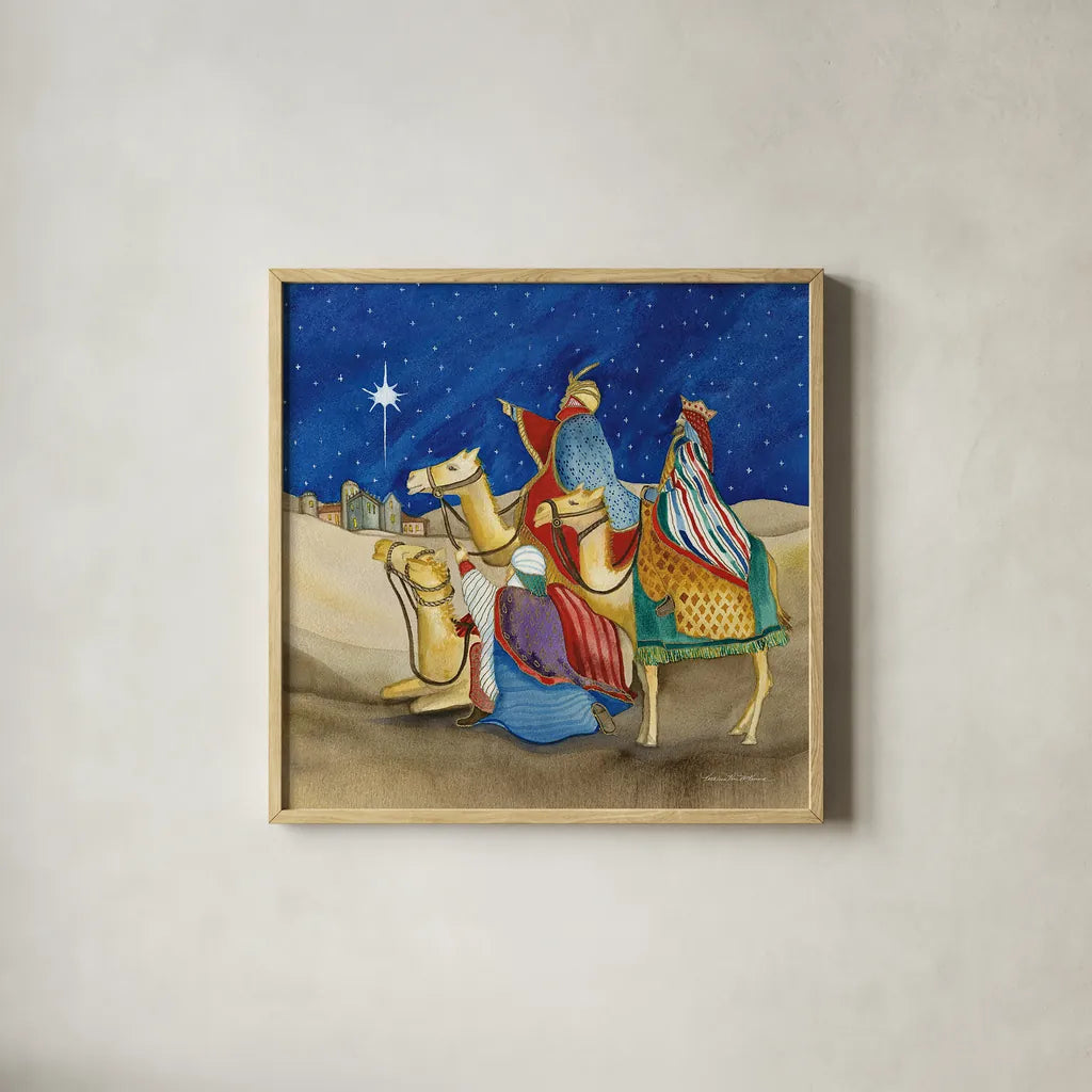 Christmas in Bethlehem II Square by Kathleen Parr McKenna. Shown in a natural wood glass frame for a timeless modern aesthetic. Available as an archival giclee rolled canvas, fine art paper, or poster print. SKU 28056a.