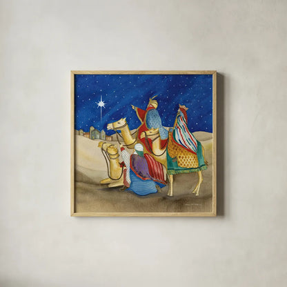 Christmas in Bethlehem II Square by Kathleen Parr McKenna. Shown in a natural wood glass frame for a timeless modern aesthetic. Available as an archival giclee rolled canvas, fine art paper, or poster print. SKU 28056a.
