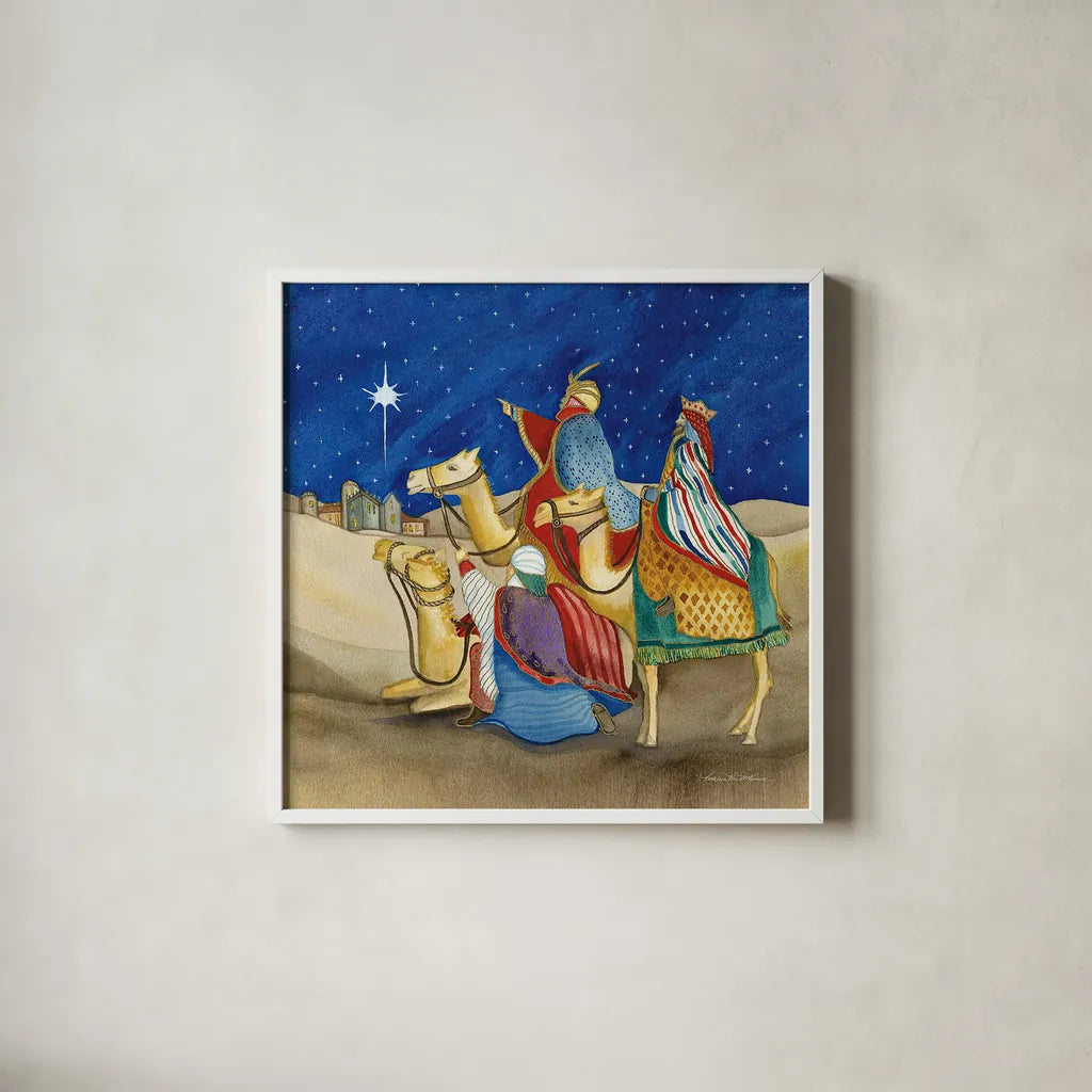 Christmas in Bethlehem II Square by Kathleen Parr McKenna. Shown in a crisp white glass frame for a clean and minimalist style. Available as an archival giclee rolled canvas, fine art paper, or poster print. SKU 28056a.